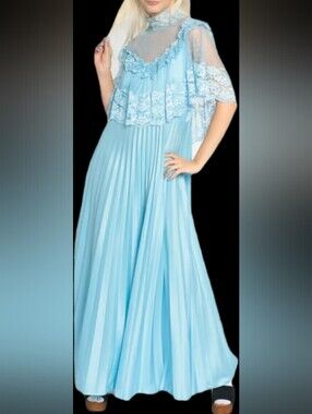 Vintage Light Blue Lace & Pleated Maxi Dress